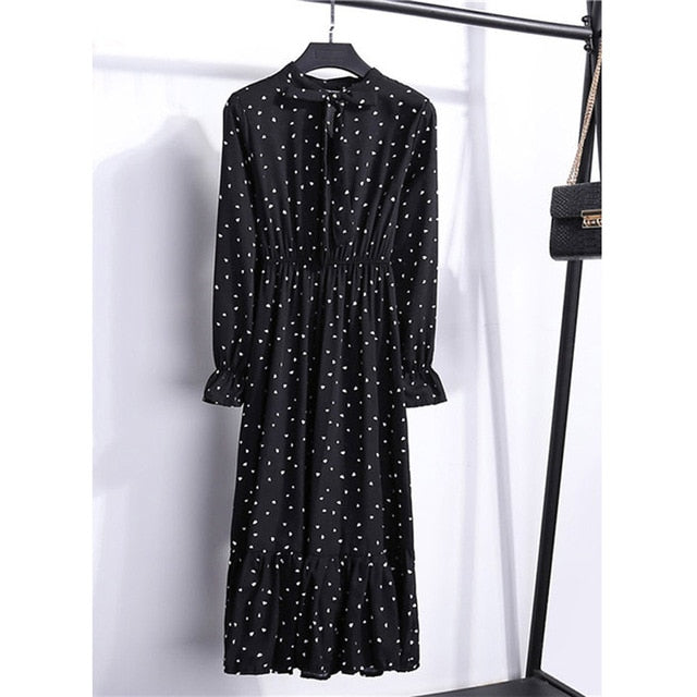 Women Casual Autumn Dress Lady Korean Style Vintage Floral Printed Chiffon Shirt Dress Long Sleeve Bow Midi Summer Dress Vestido
