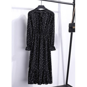 Women Casual Autumn Dress Lady Korean Style Vintage Floral Printed Chiffon Shirt Dress Long Sleeve Bow Midi Summer Dress Vestido