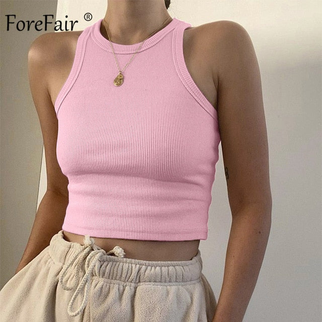 Forefair Ribbed Tank Tops Sexy Crop Vest Solid Harajuku Korean Female Off Shoulder Knitted Khaki White Summer Women Tops