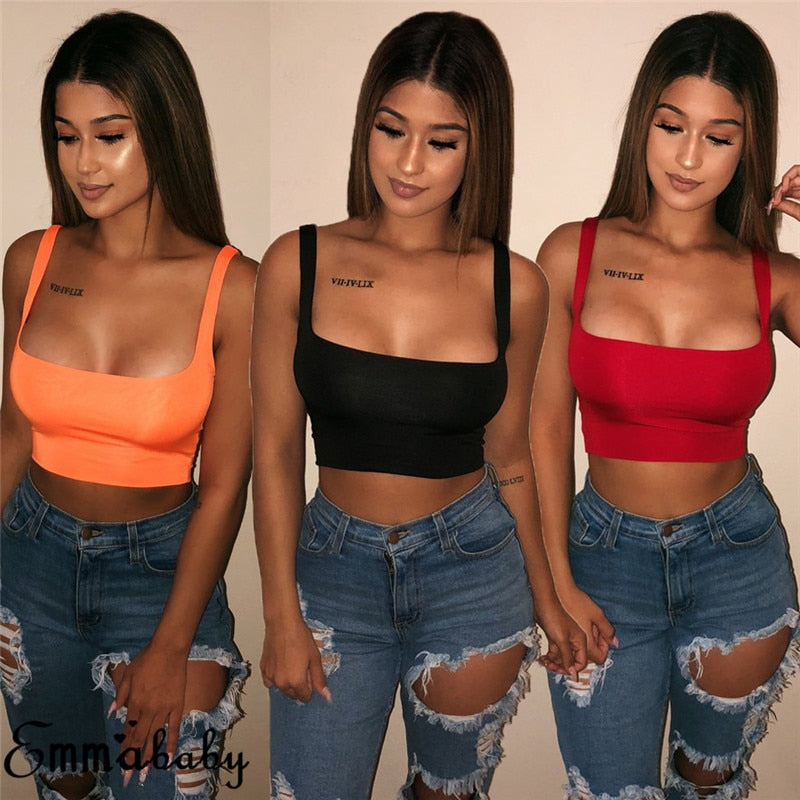 Sexy Women Solid Strappy Tank 2019 Vest Crop Top Summer Beach Party Sleeveless Slash Neck Tanks Woman Girls Bralette Tank Top