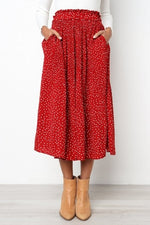 Load image into Gallery viewer, White Dots Floral Print Pleated Midi Skirt Women Elastic High Waist Side Pockets Skirts Summer 2019 Elegant Female Bottom
