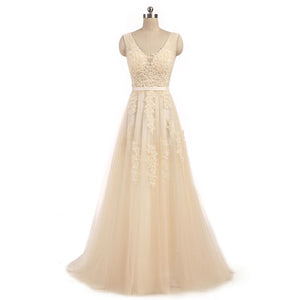 FADISTEE Vestido De Festa Sweet pink Lace V-neck Long Evening Dress Bride Party Sexy Backless beads pearls Prom Dresses lace-up