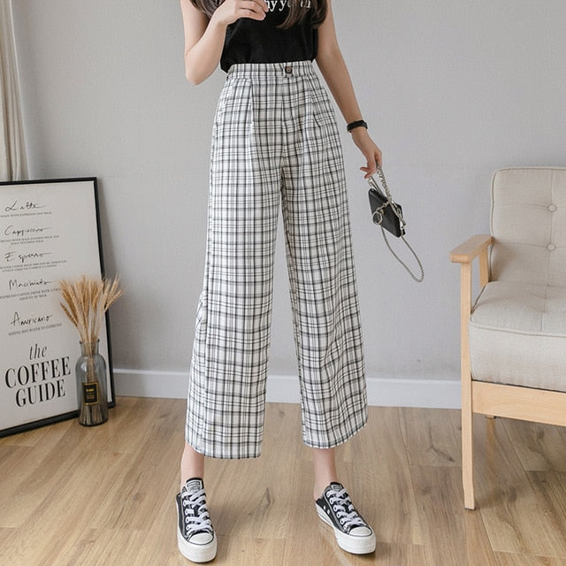 Syiwidii vintage plaid pants elastic waist pants women high waist plus size wide leg Pants Casual female korean trousers women