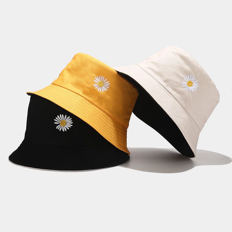 Double-side Unisex Harajuku Bucket Hat Fishing Outdoor Cap women Bucket fishing Hats Sunscreen Daisy embroidery fisherman hat