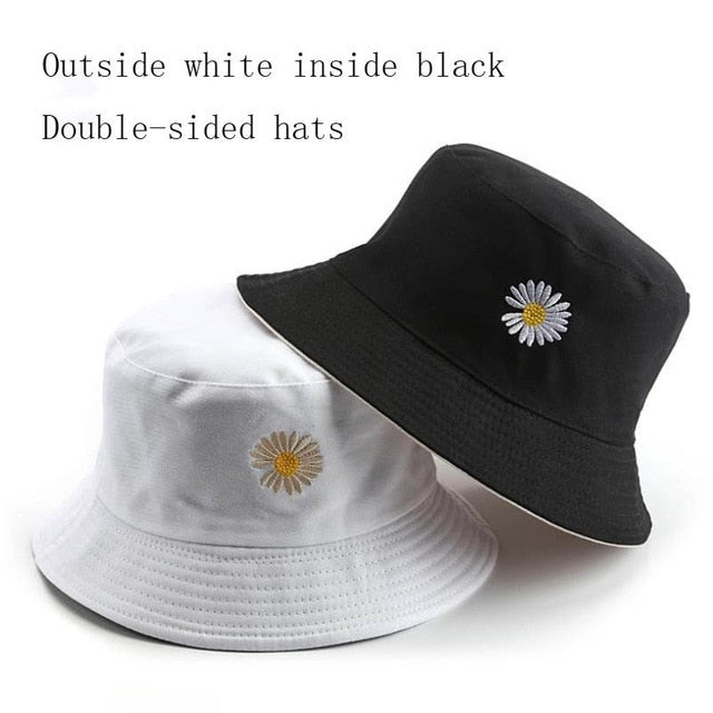 Double-side Unisex Harajuku Bucket Hat Fishing Outdoor Cap women Bucket fishing Hats Sunscreen Daisy embroidery fisherman hat