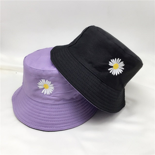 Double-side Unisex Harajuku Bucket Hat Fishing Outdoor Cap women Bucket fishing Hats Sunscreen Daisy embroidery fisherman hat