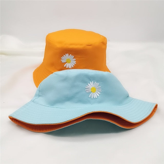 Double-side Unisex Harajuku Bucket Hat Fishing Outdoor Cap women Bucket fishing Hats Sunscreen Daisy embroidery fisherman hat