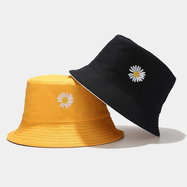 Double-side Unisex Harajuku Bucket Hat Fishing Outdoor Cap women Bucket fishing Hats Sunscreen Daisy embroidery fisherman hat